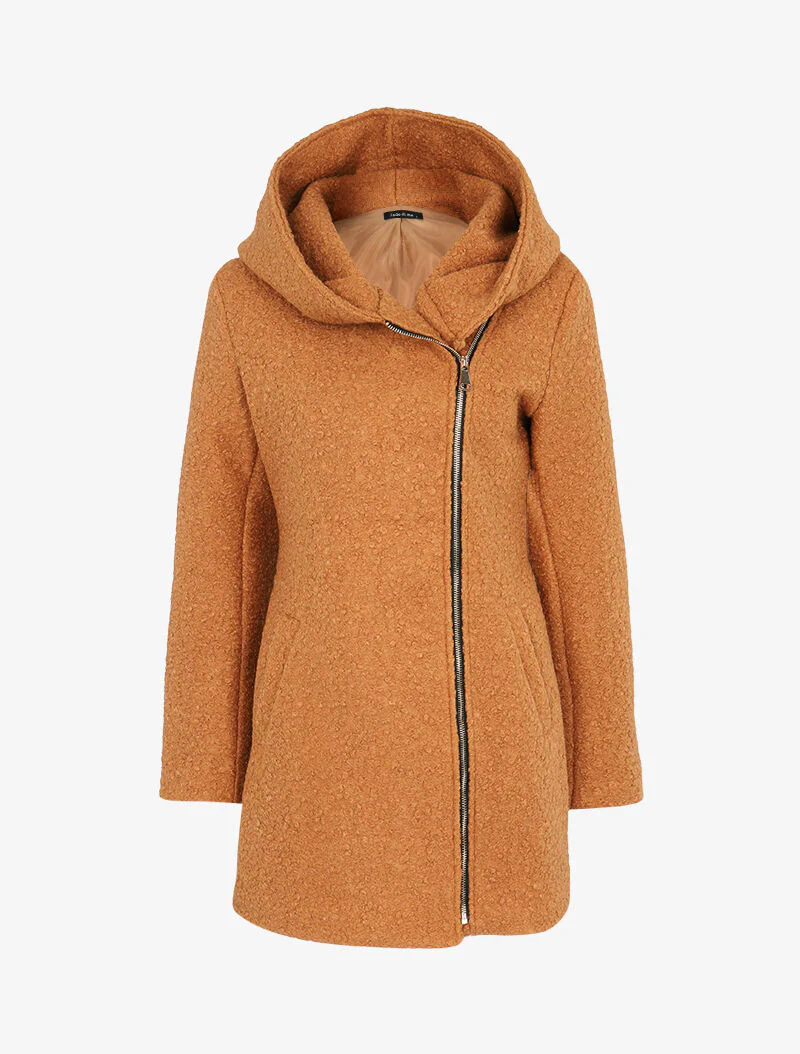 Jas met bouclewol-effect en capuchon - camel