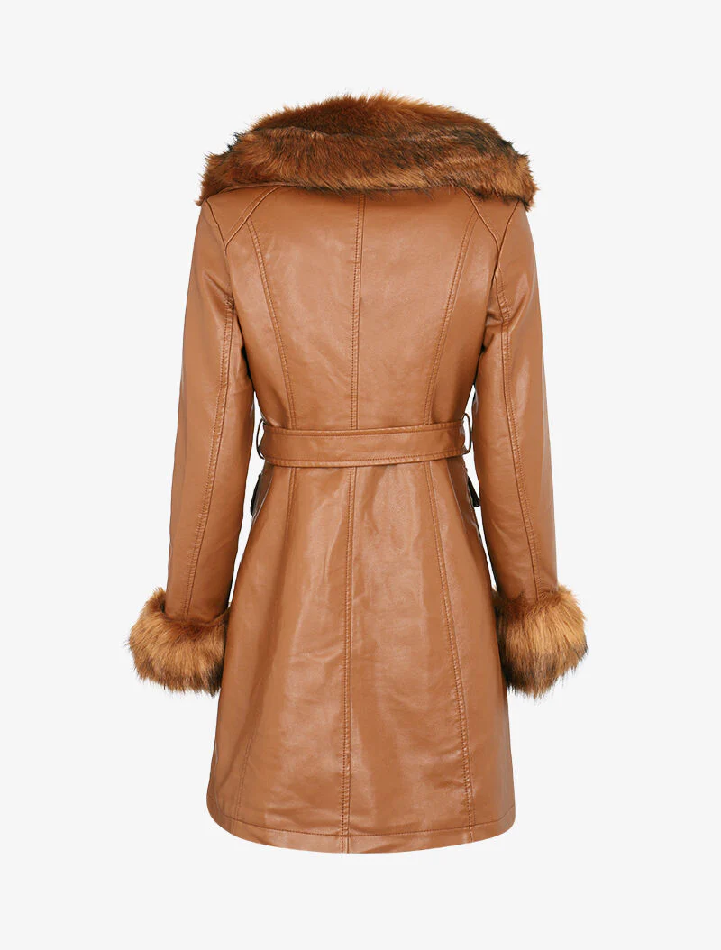 Jas van imitatieleer met bontkraag - camel - Image 2