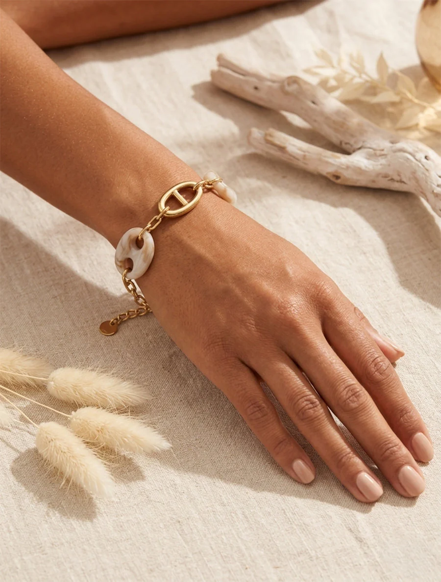 Marinelink armband en koffieboonzaden - Goud