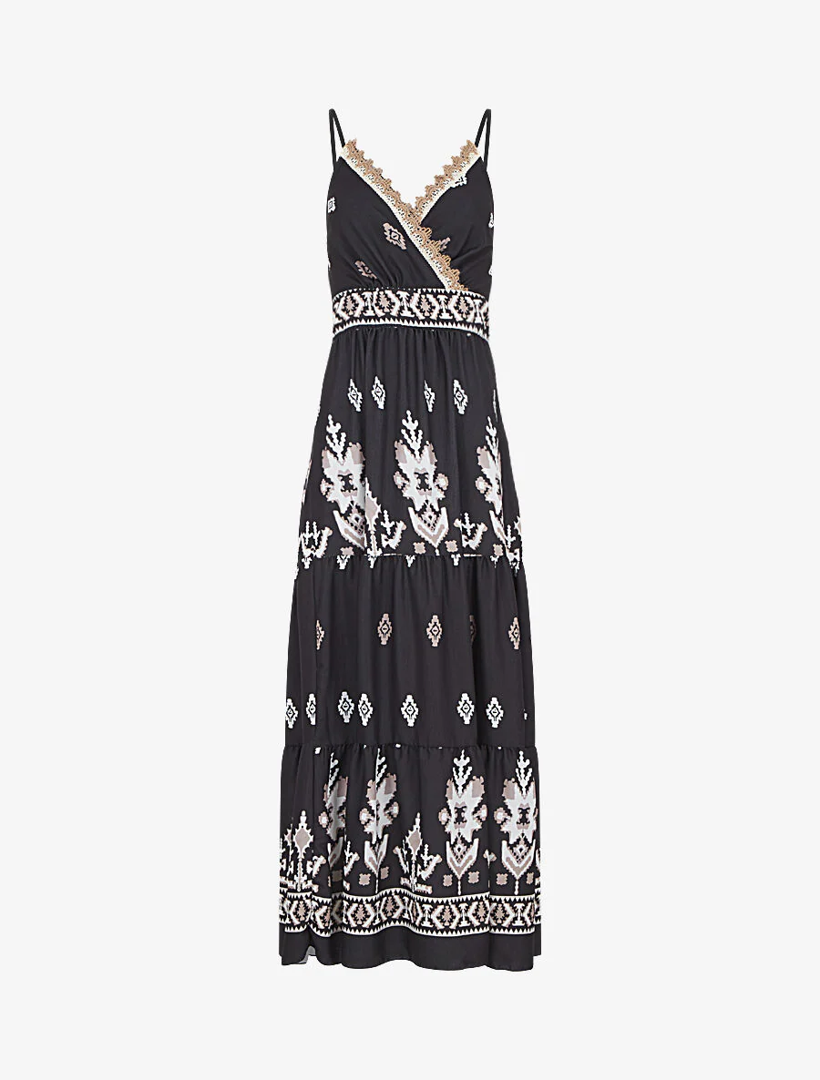 Maxi-jurk met elastische taille en ikat-print - Zwart
