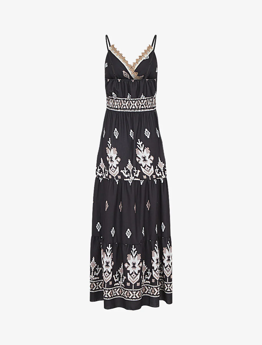 Maxi-jurk met elastische taille en ikat-print - Zwart - Image 2