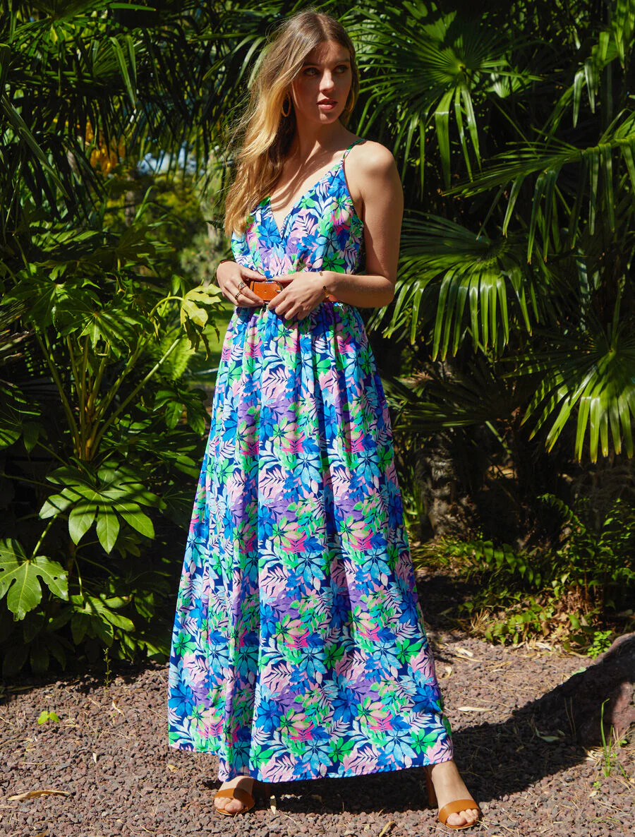 Maxi-jurk met wilde bladerenprint en bandjes - Blauw