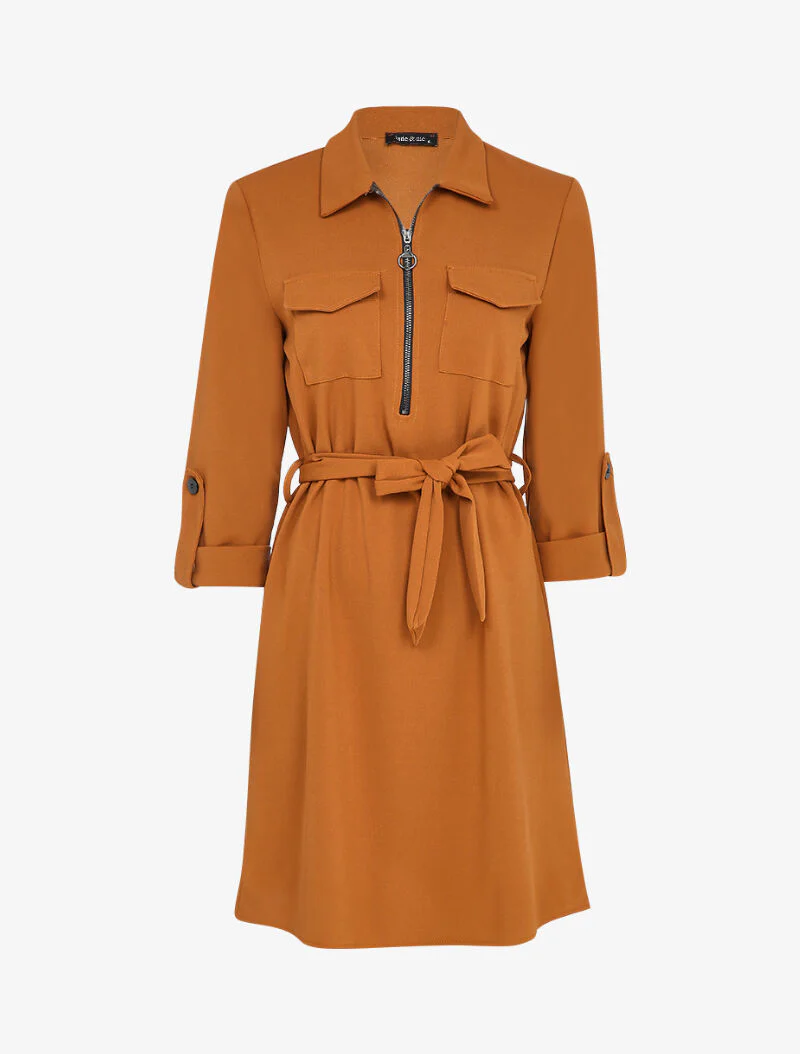 Middellange jurk met borstzakken - Camel