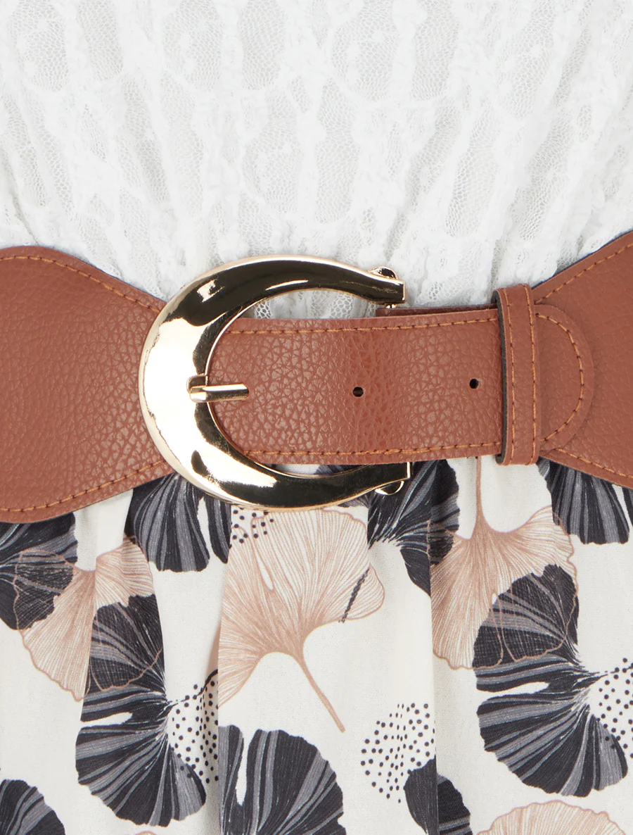Midi-jurk met ginkgo-print en imitatiebandjes. - Zwart - Image 3