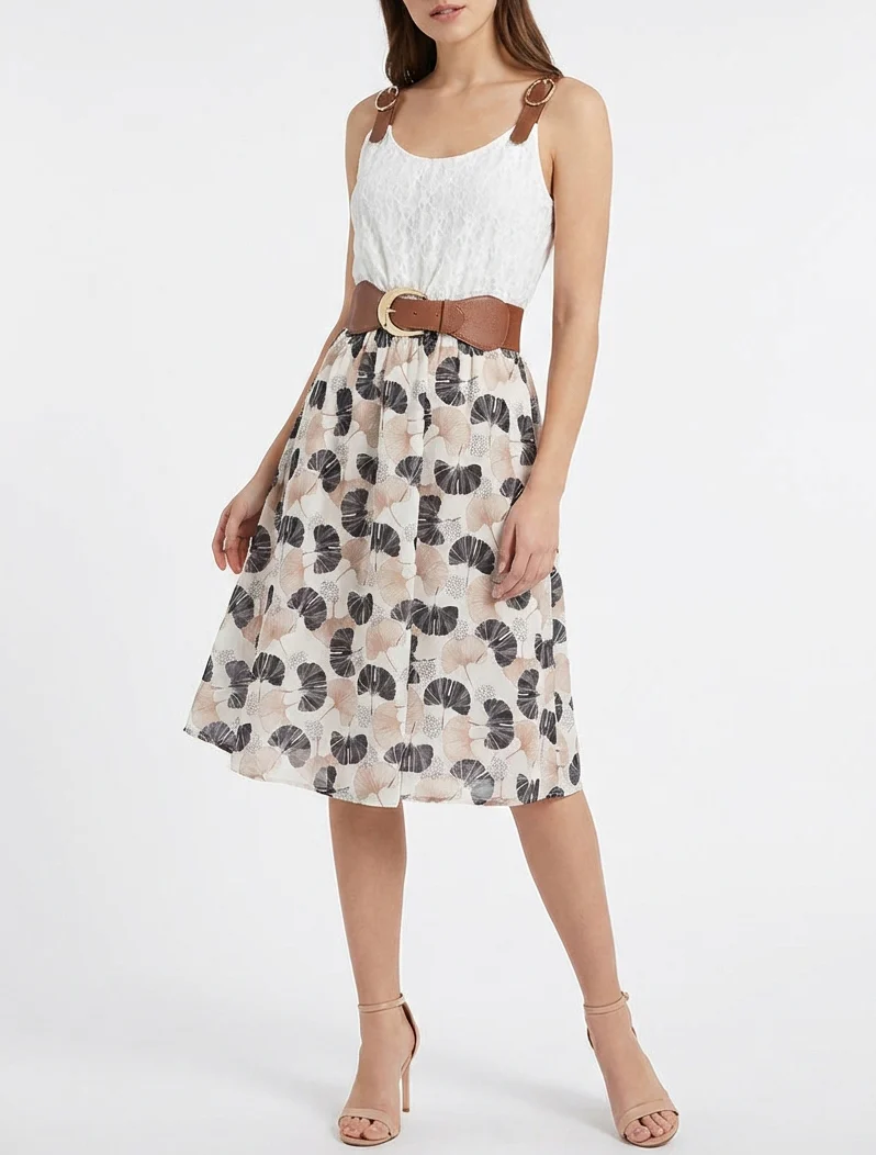 Midi-jurk met ginkgo-print en imitatiebandjes. - Zwart - Image 4