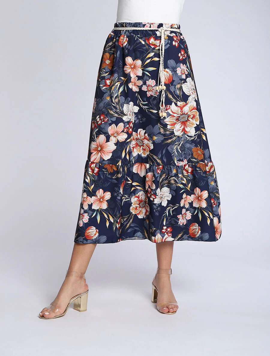 Midi-rok met orchidee print - Donkerblauw - Image 4