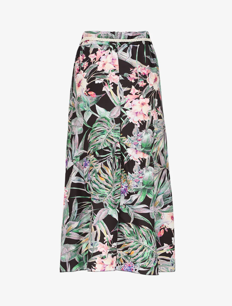 Midi-rok met V-naad met tropische plantenprint - Zwart - Image 2