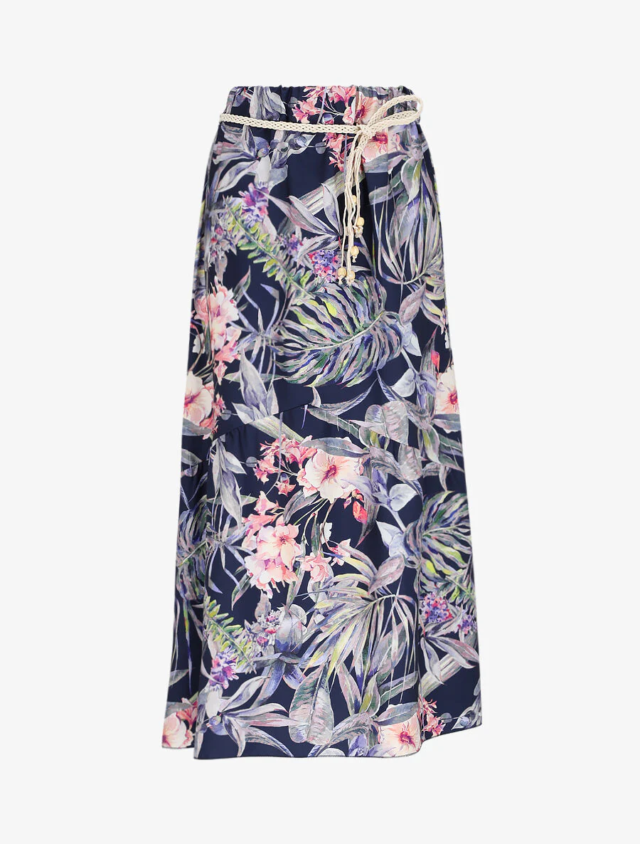 Midi-rok met V-naad met tropische plantenprint - Donkerblauw