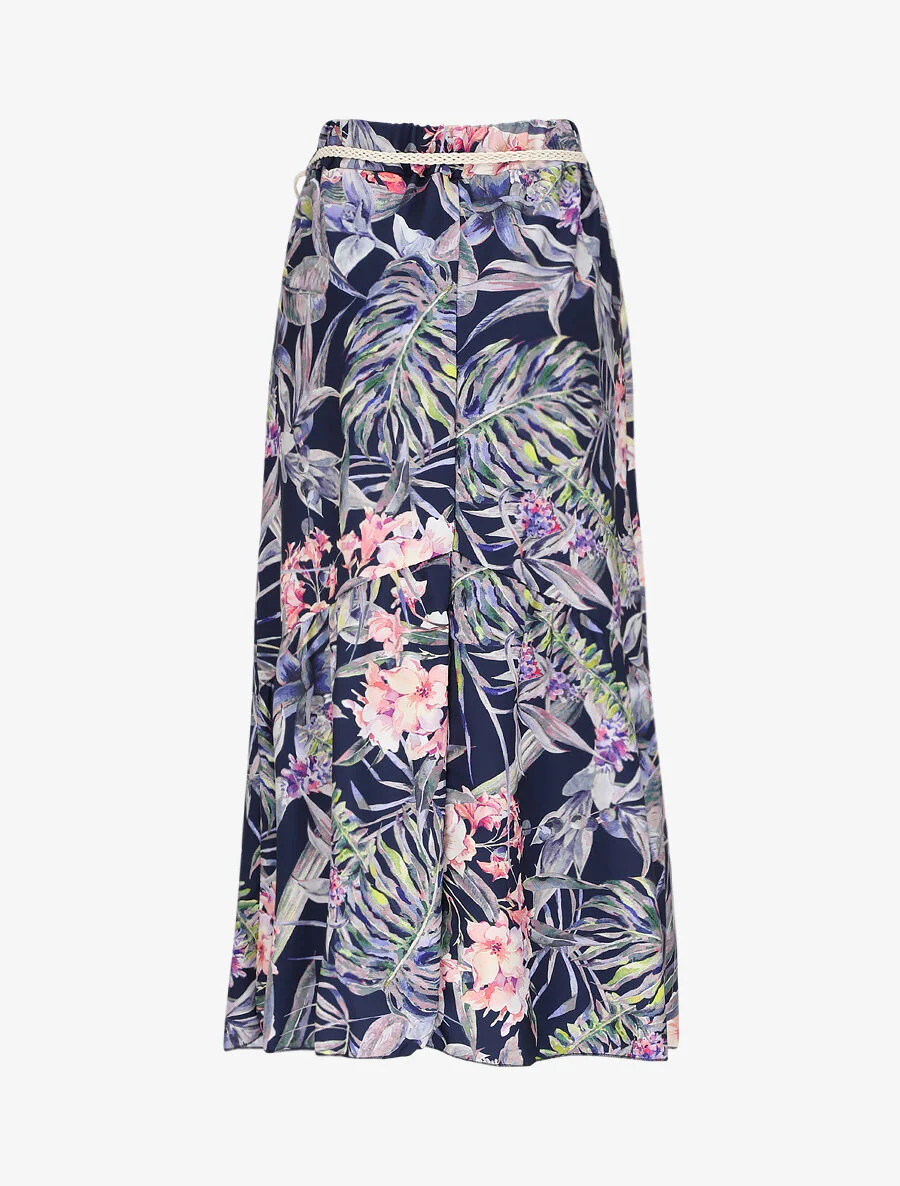 Midi-rok met V-naad met tropische plantenprint - Donkerblauw - Image 2
