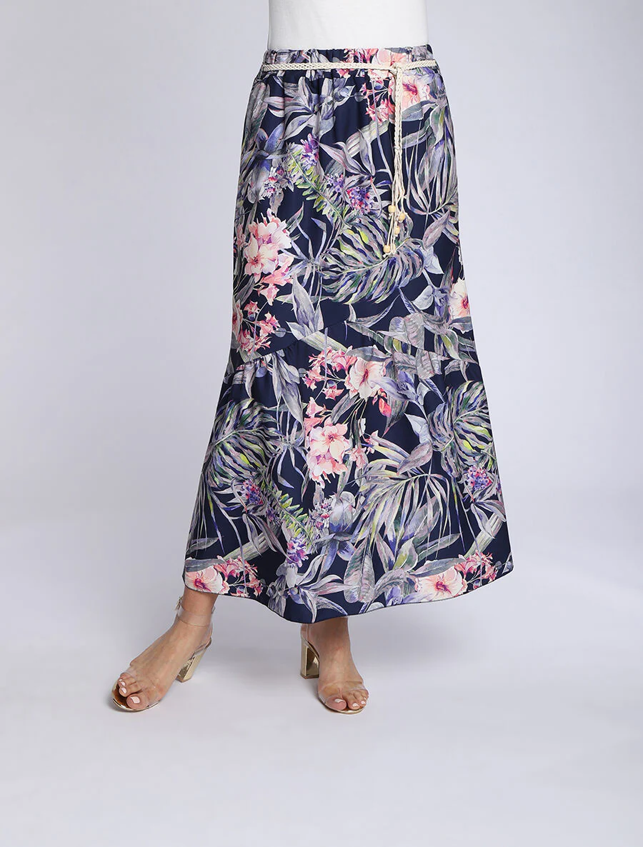Midi-rok met V-naad met tropische plantenprint - Donkerblauw - Image 4