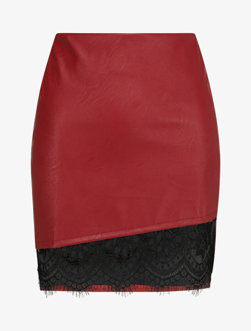 Minirok in imitatieleer met asymmetrische kanten rand - Rood