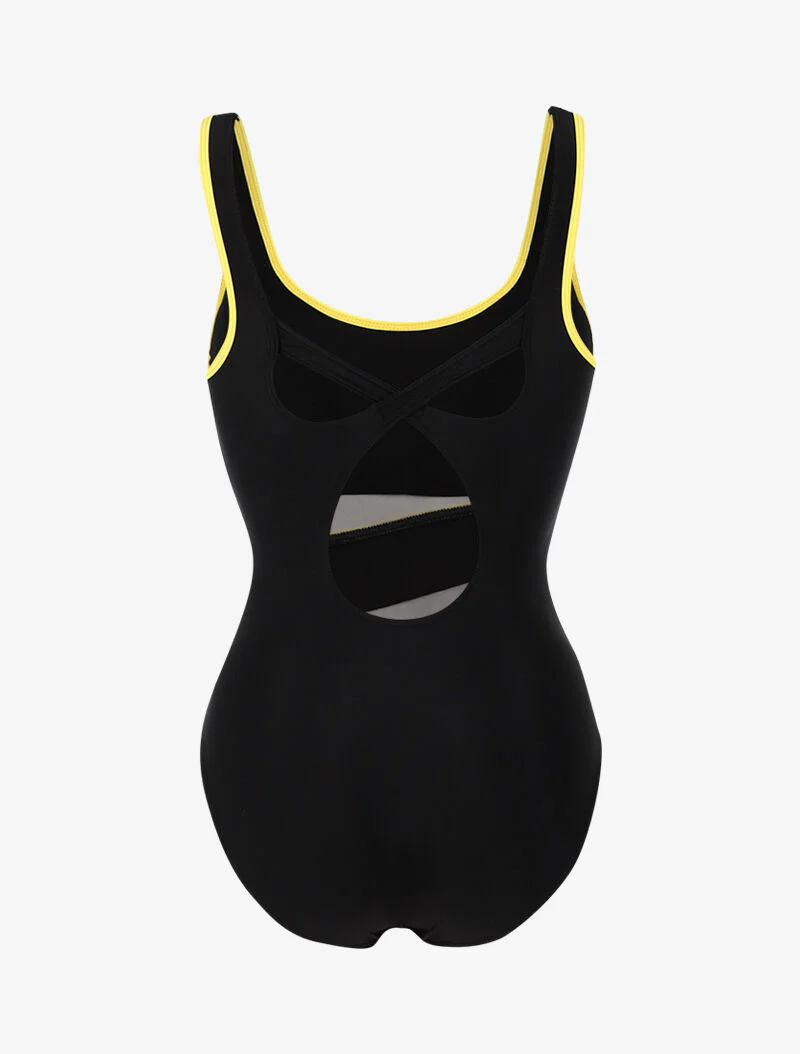 Monokini met netdetails en contrasterende banden - zwart/neongeel - Image 2
