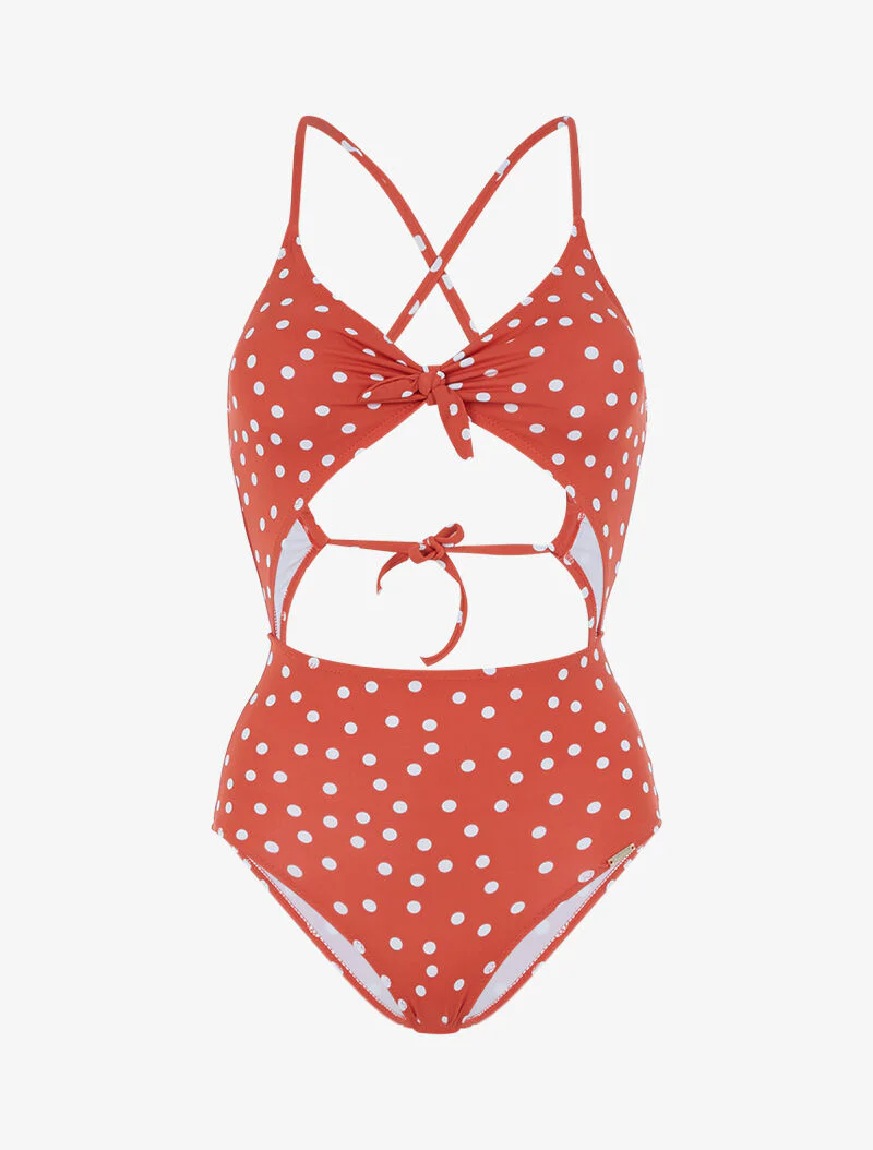 Ajour monokini met stippen - baksteen