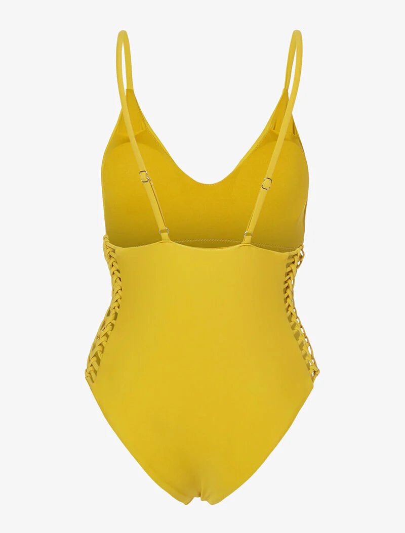 Monokini met opengewerkte zijkanten - mosterdgeel - mosterd - Image 2