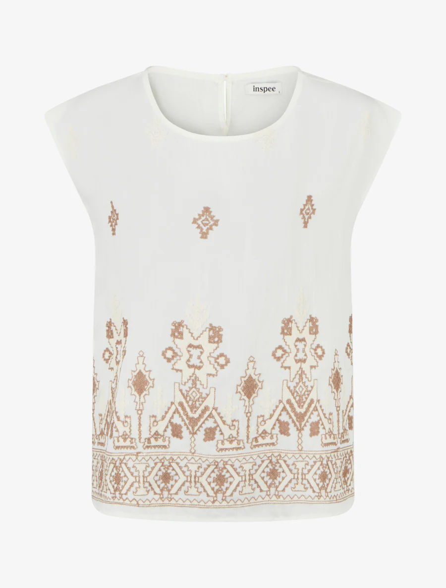 Mouwloos geborduurd topje met vierkante snit - Beige
