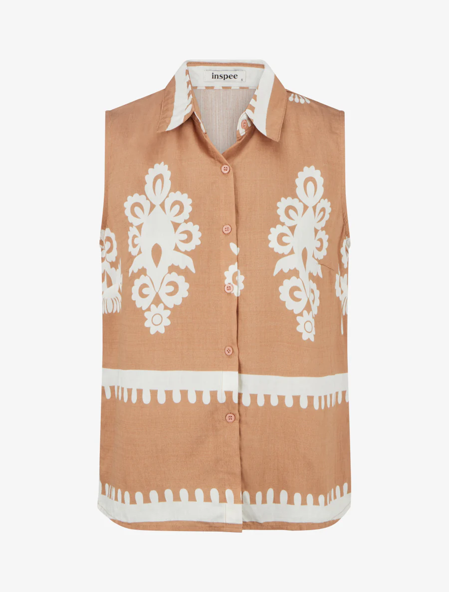 Mouwloos shirt met arabeskenprint - Kameel
