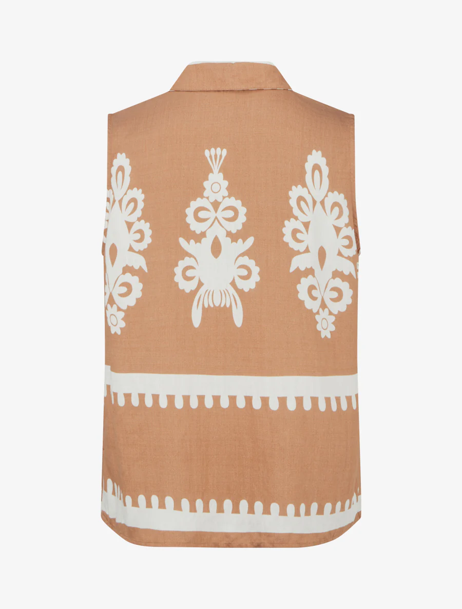 Mouwloos shirt met arabeskenprint - Kameel - Image 2