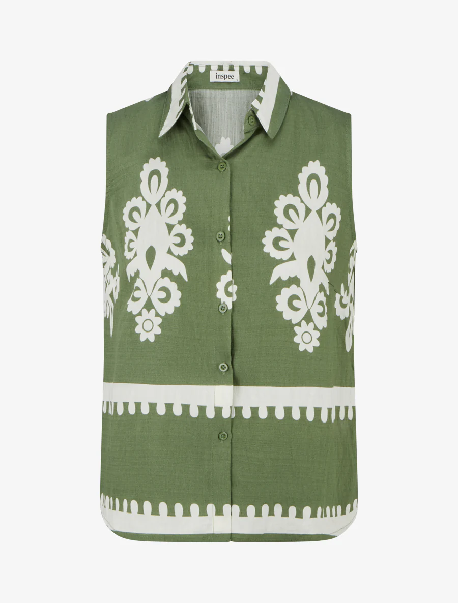 Mouwloos shirt met arabeskenprint - Kaki