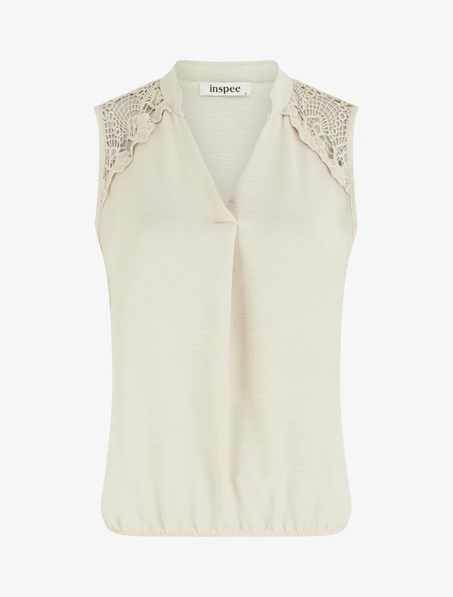 Mouwloos top met geborduurd detail - Beige