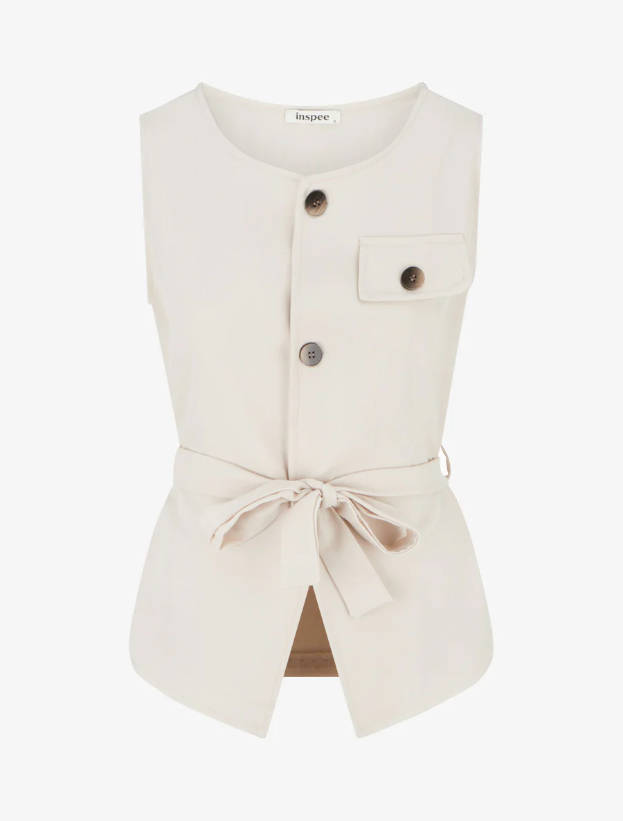Mouwloos top met knoopsluiting en decoratieve zak. - Beige