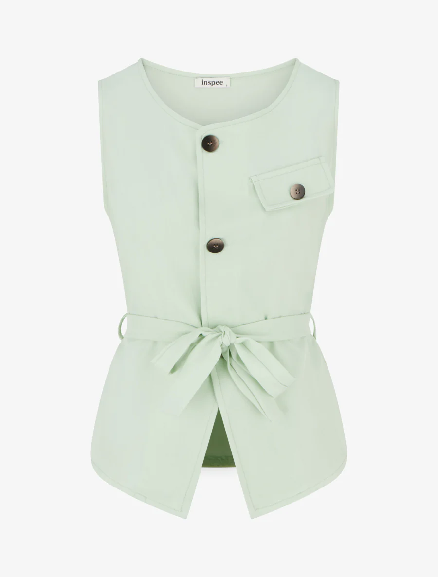 Mouwloos top met knoopsluiting en decoratieve zak. - Appelgroen