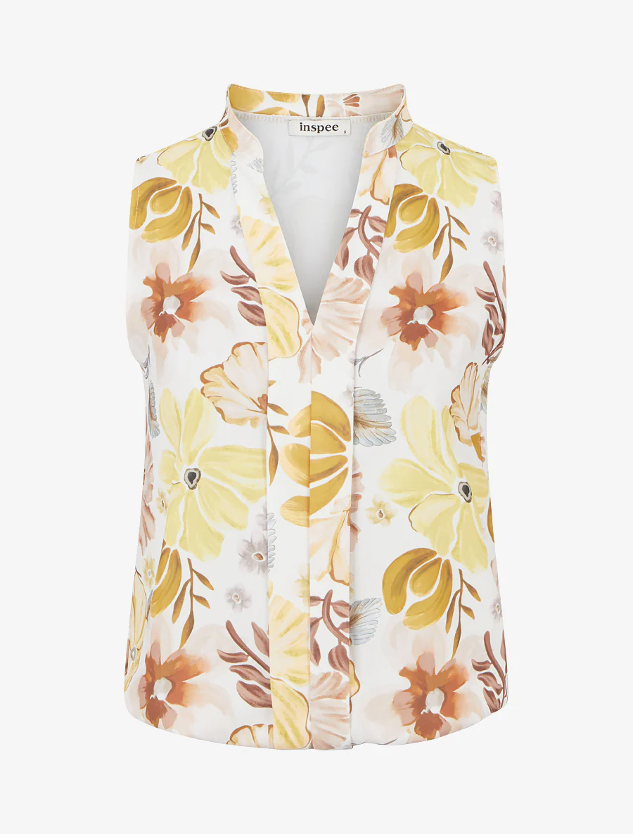 Mouwloos topje met bloemenprint - Geel