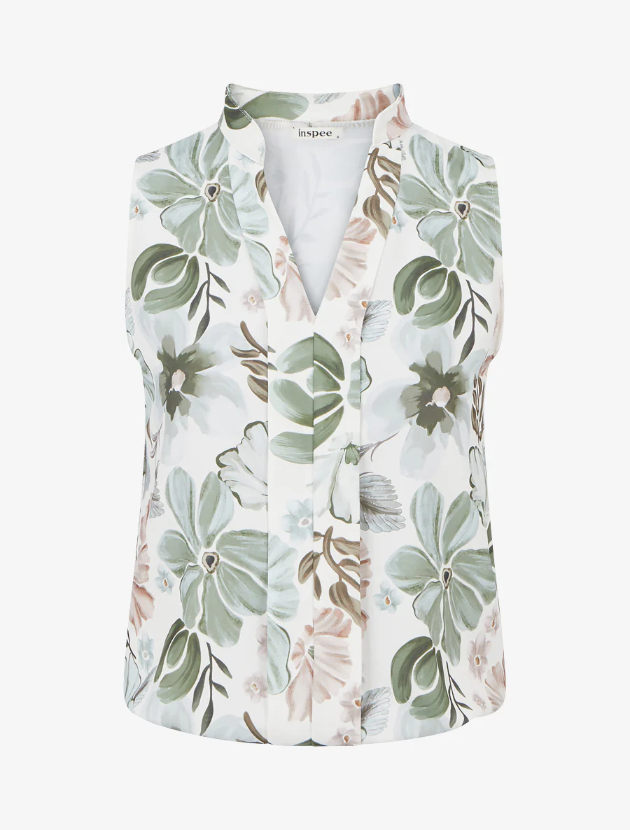 Mouwloos topje met bloemenprint - Kaki