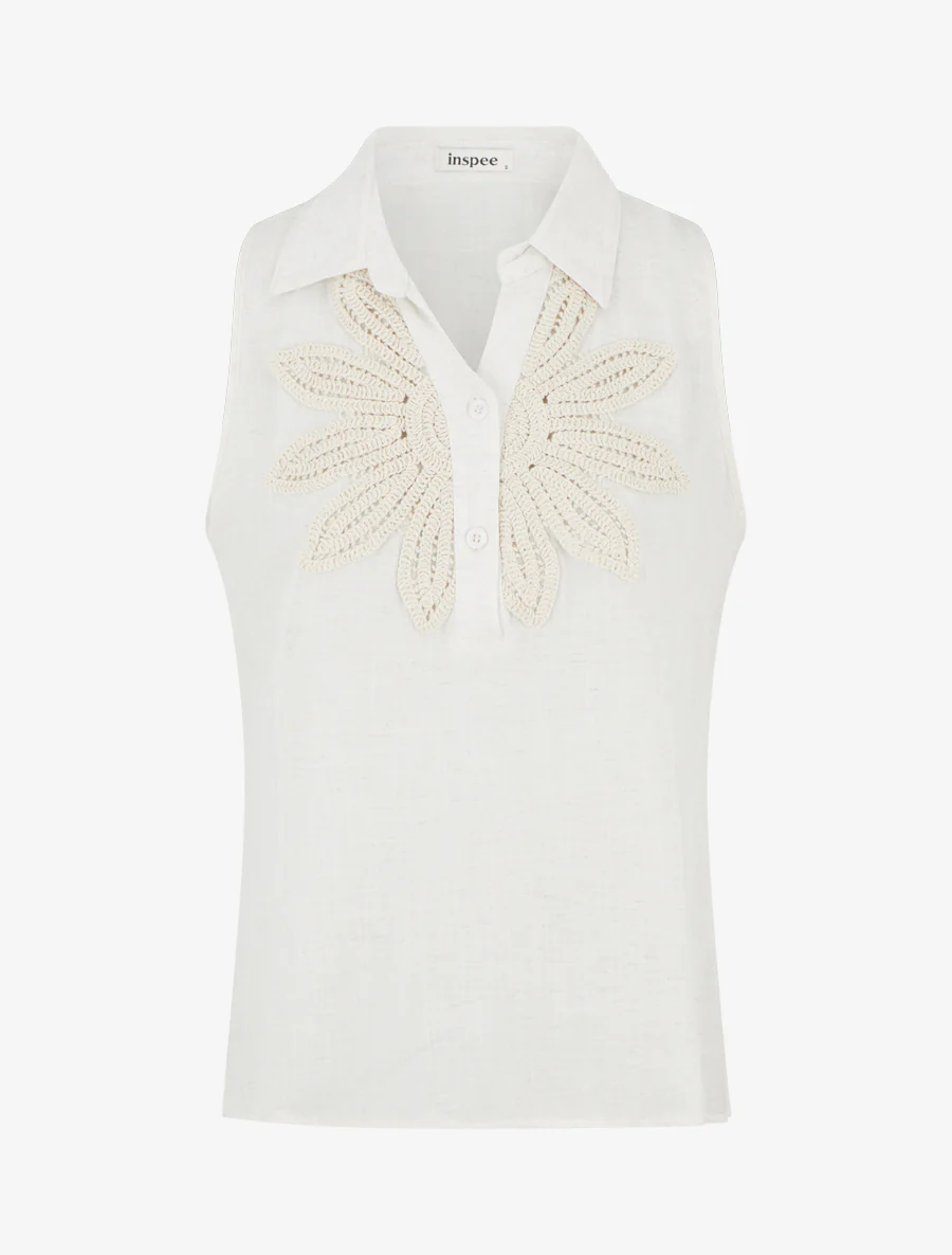 Mouwloze blouse met bloemenborduursel - Ecru