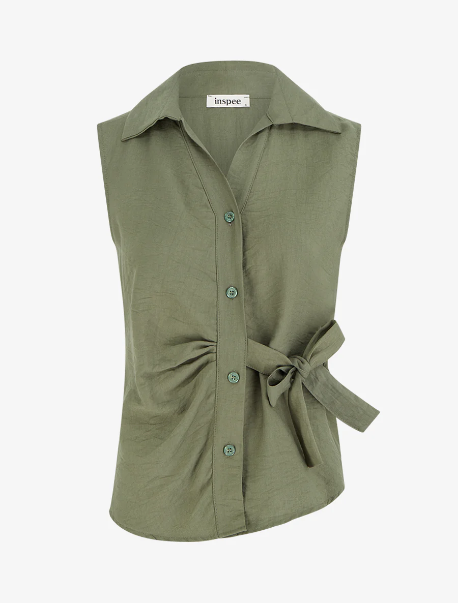Mouwloze blouse met drapeereffect - Kaki
