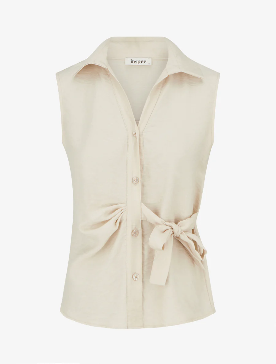 Mouwloze blouse met drapeereffect - Beige