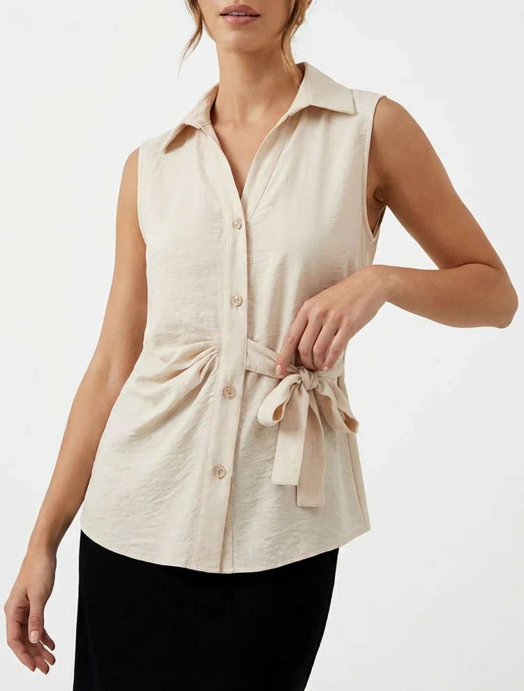 Mouwloze blouse met drapeereffect - Beige - Image 4
