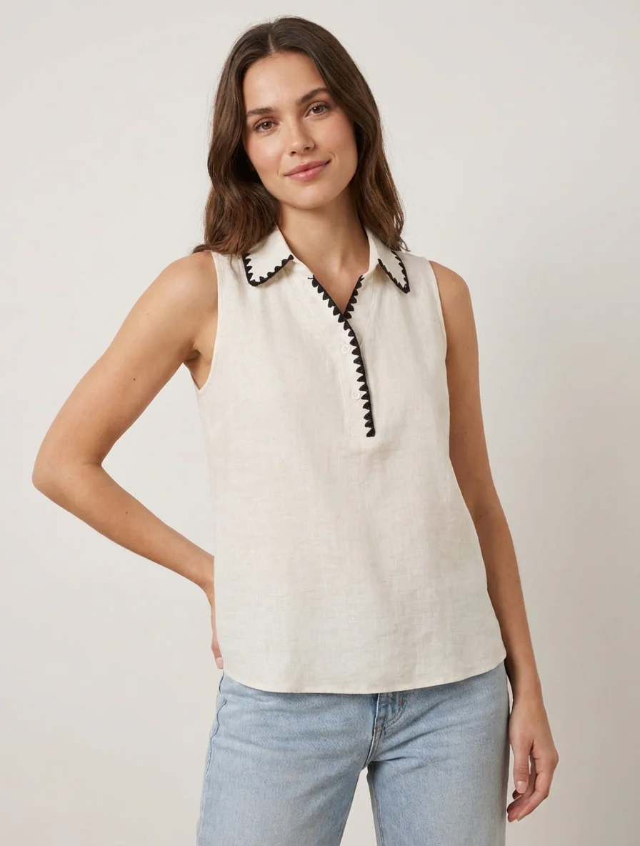 Mouwloze blouse met geborduurde kraag - Ecru - Image 4