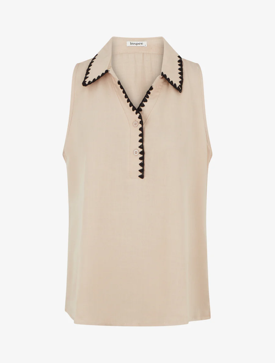 Mouwloze blouse met geborduurde kraag - Beige