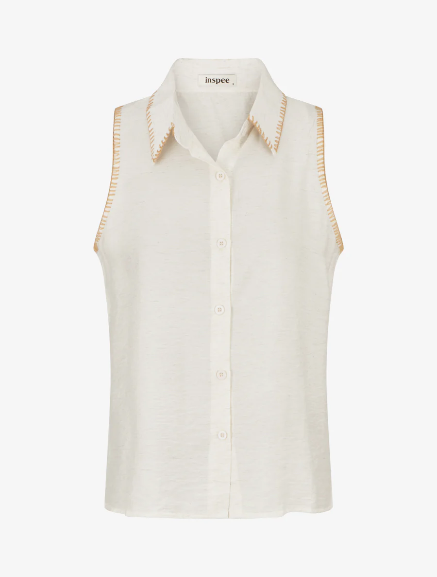 Mouwloze effen blouse met knopen - Crème