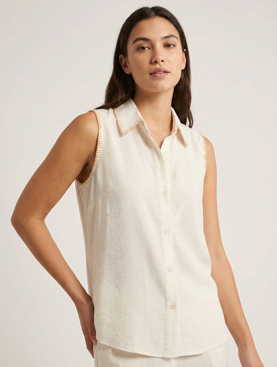 Mouwloze effen blouse met knopen - Crème - Image 4