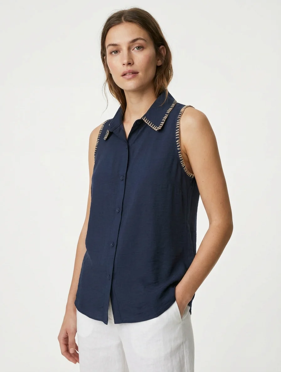 Mouwloze effen blouse met knopen - Marine - Image 4