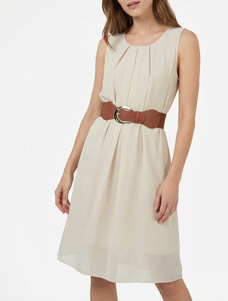 Mouwloze effen jurk van voile - Beige - Image 4
