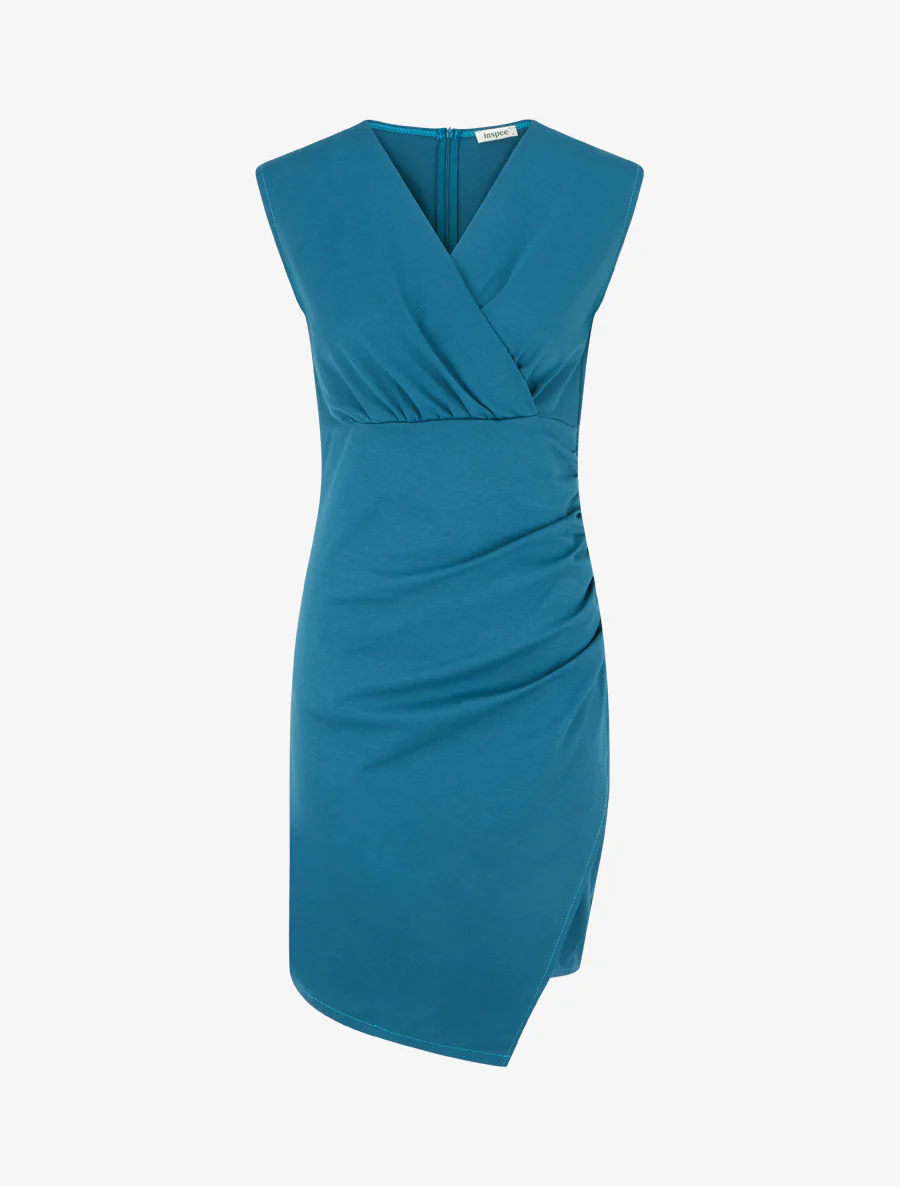 Mouwloze effen overslagjurk - Eendenblauw