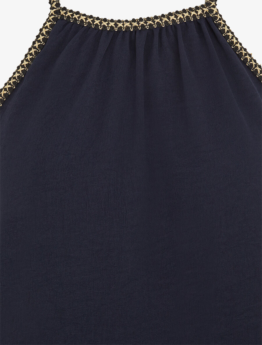 Mouwloze effen top met iriserend geborduurd detail - Marineblauw - Image 3