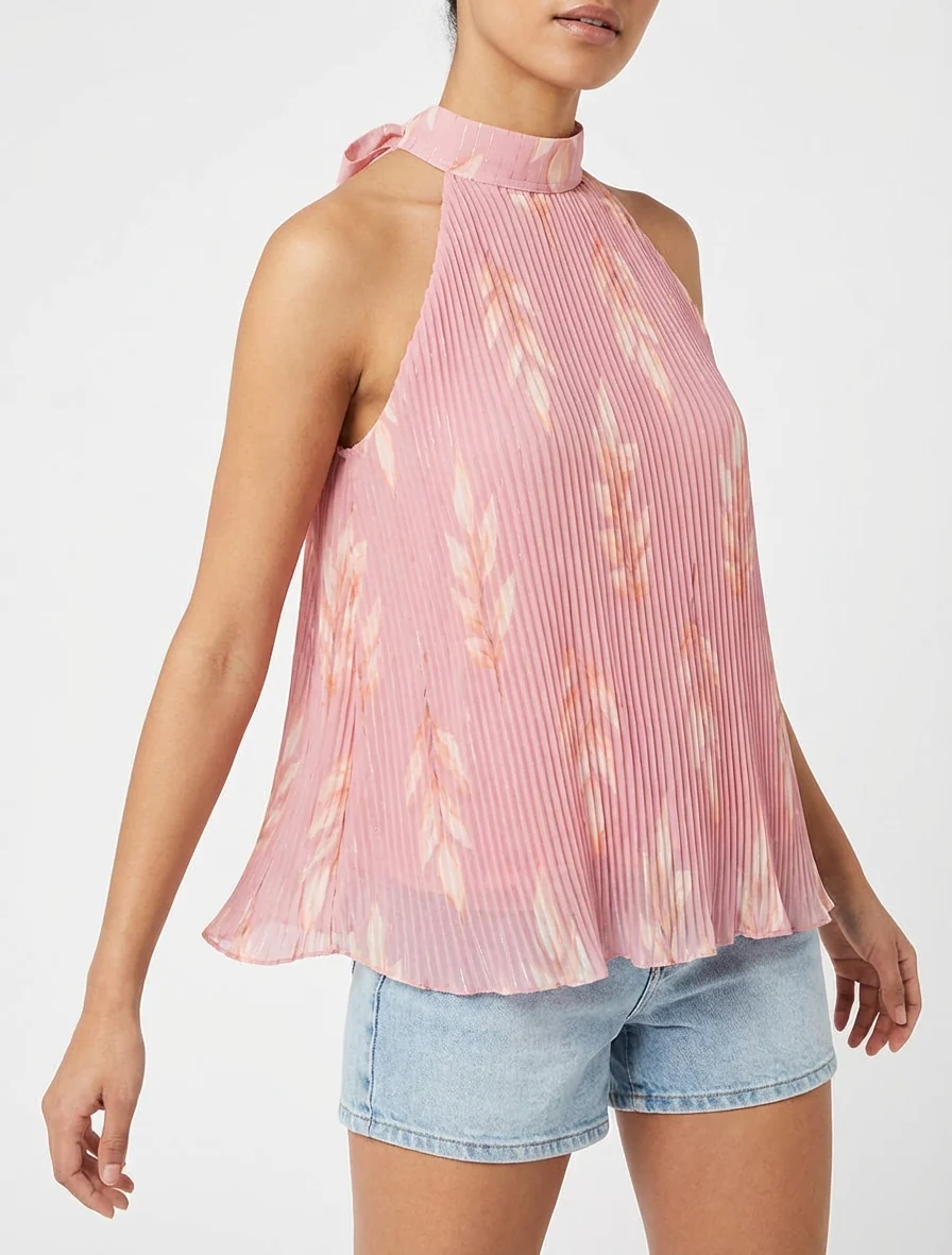 Mouwloze geplooide top met bladprint - Roos - Image 4