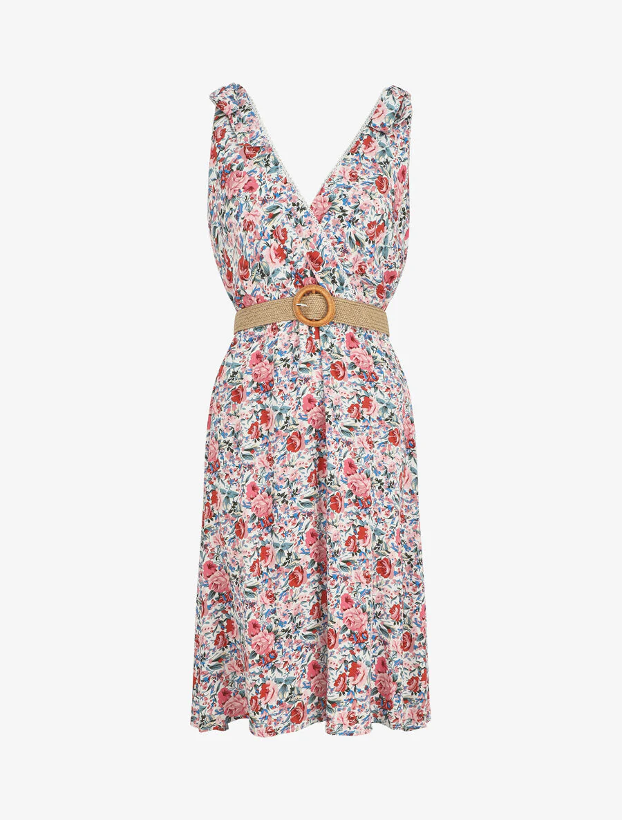 Mouwloze halflange jurk met wilde bloemenprint - wit