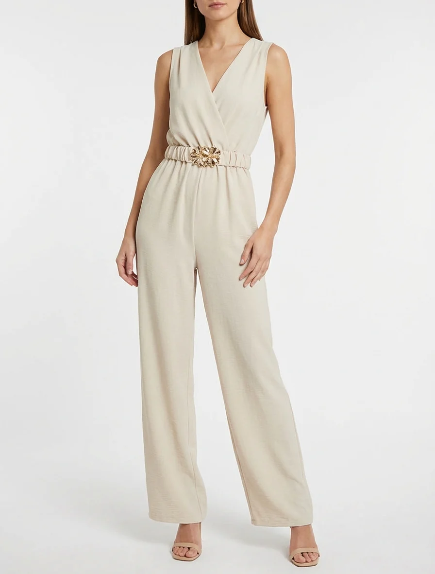 Mouwloze jumpsuit met riem - Beige - Image 4