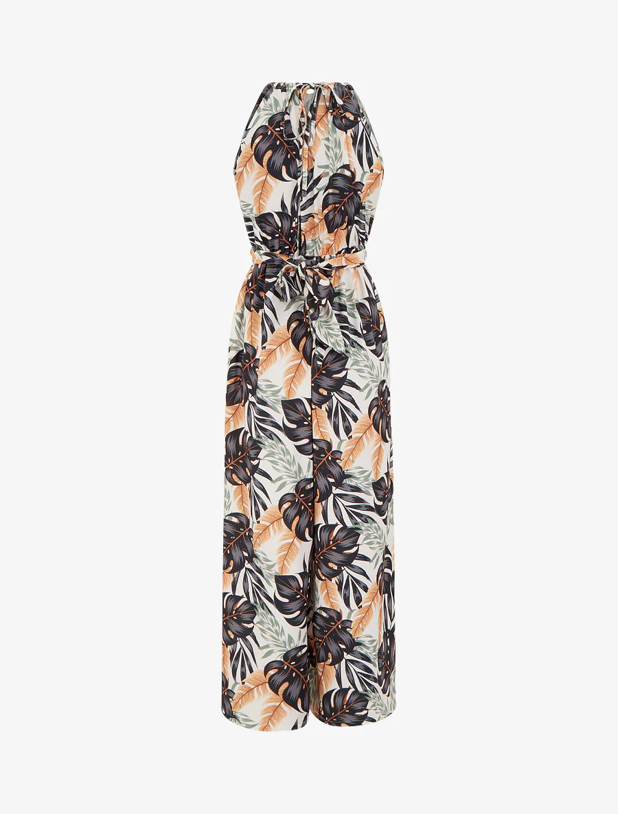 Mouwloze jumpsuit met tropische print - Zwart - Image 2