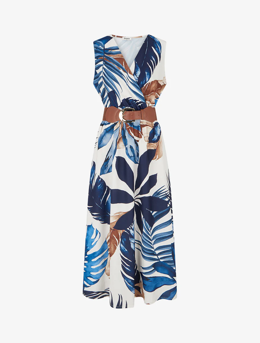 Mouwloze jurk met bladprint - Marine