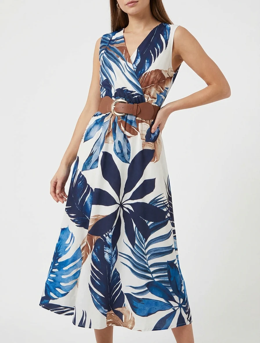 Mouwloze jurk met bladprint - Marine - Image 4