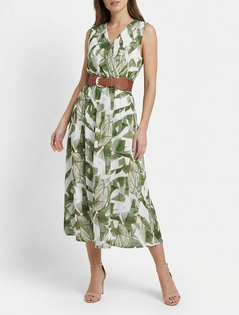 Mouwloze jurk met fantasieprint - Kaki - Image 4