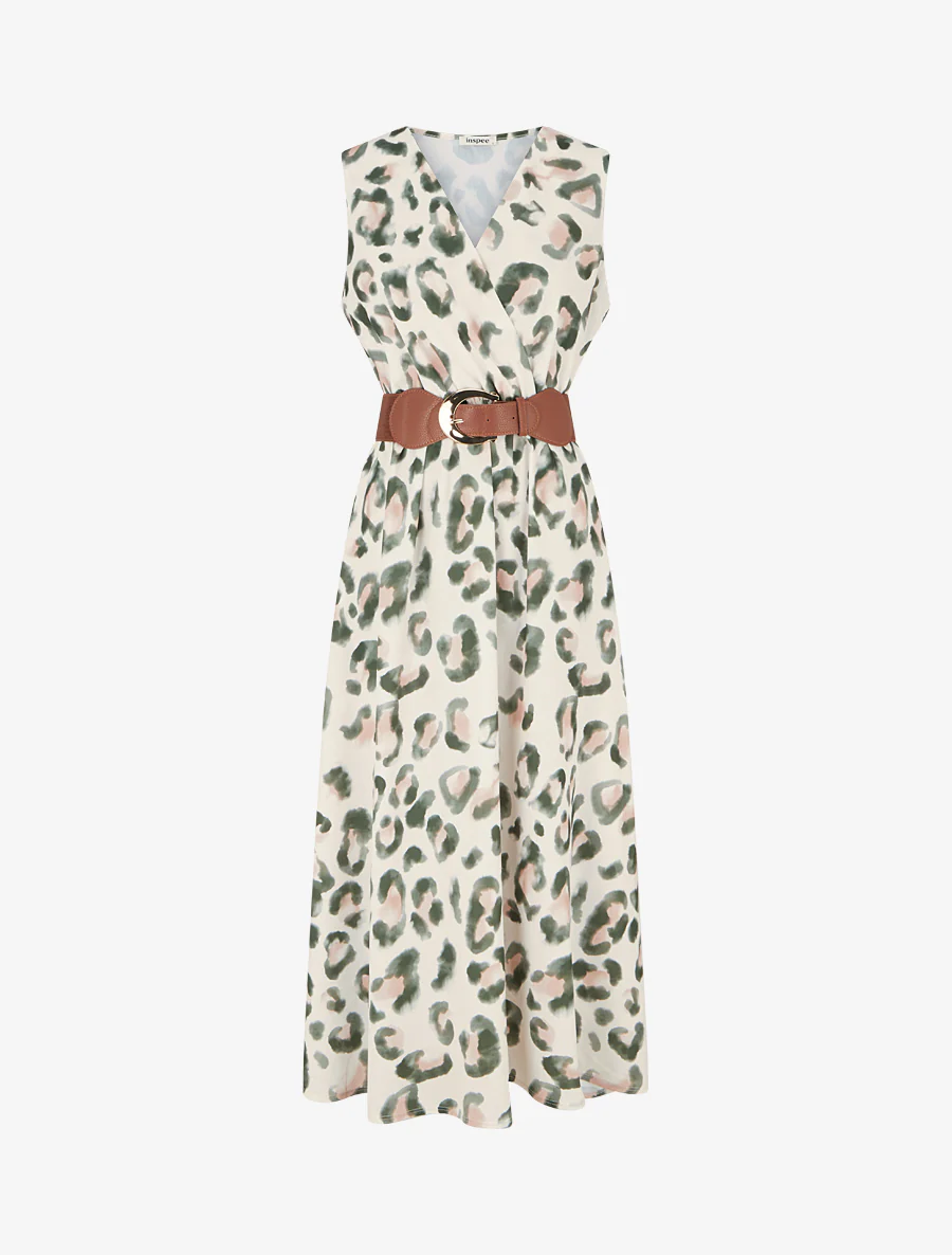 Mouwloze jurk met luipaardprint - Kaki