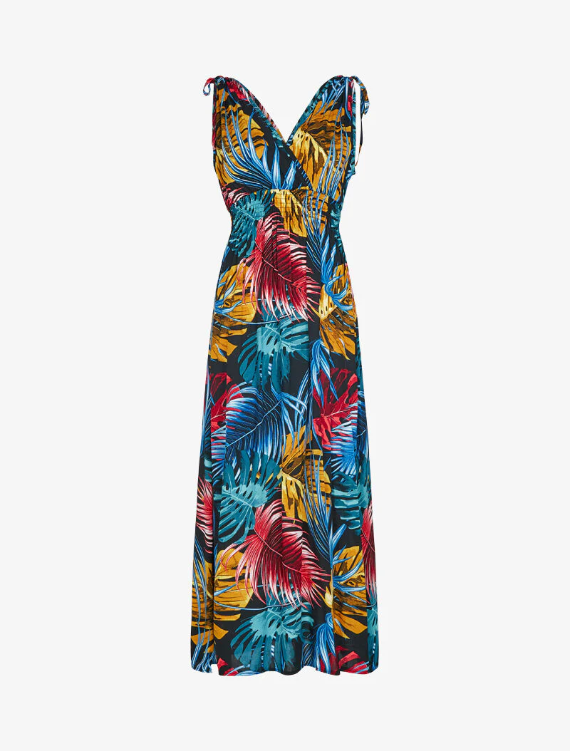 Mouwloze jurk met tropische print - zwart