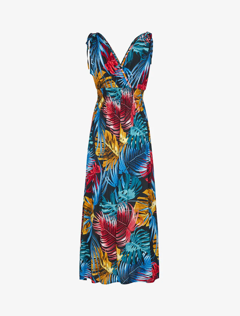 Mouwloze jurk met tropische print - zwart - Image 2
