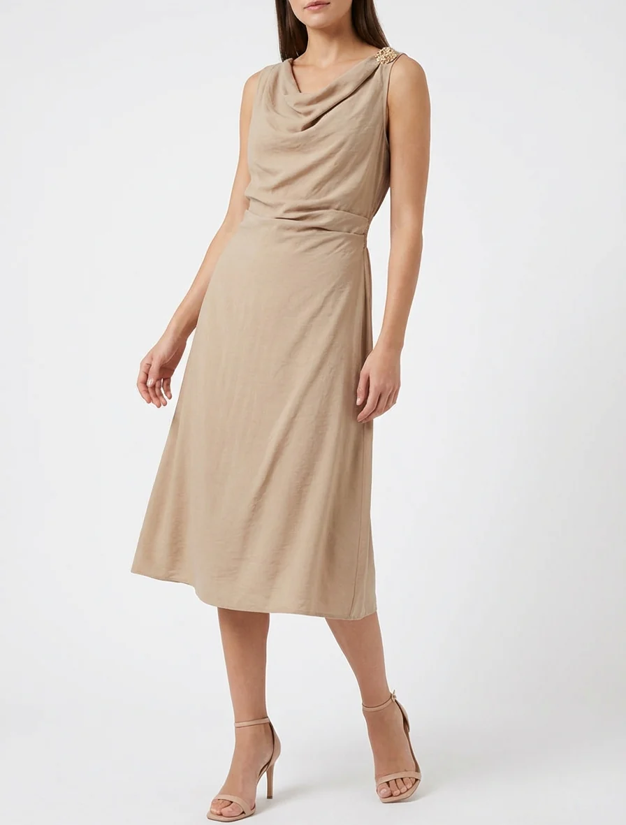 Mouwloze lange jurk met gedrapeerd effect - Donker beige - Image 4
